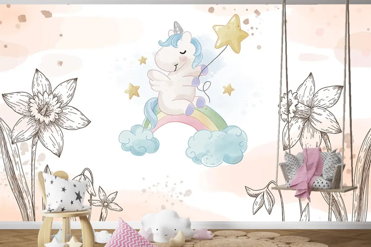 Çiçekler Arasında Unicorn Çocuk Odası Duvar Kağıdı
