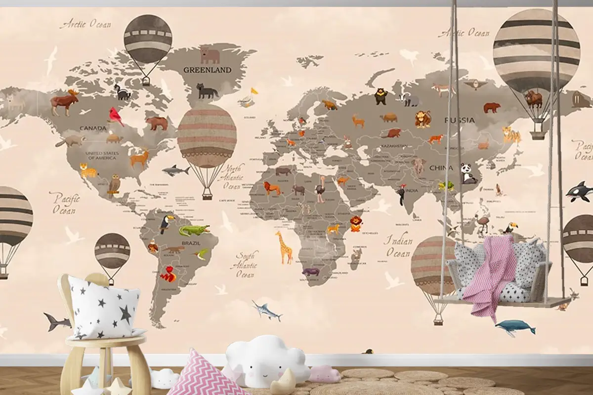 Çocuk Odaları Için Dünya Haritası Ve Balonlar Çocuk Odası Duvar Kağıdı