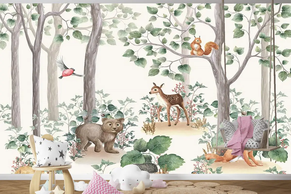 Çocuk Odaları Için Orman Ve Sevimli Hayvanlar Çocuk Odası Duvar Kağıdı