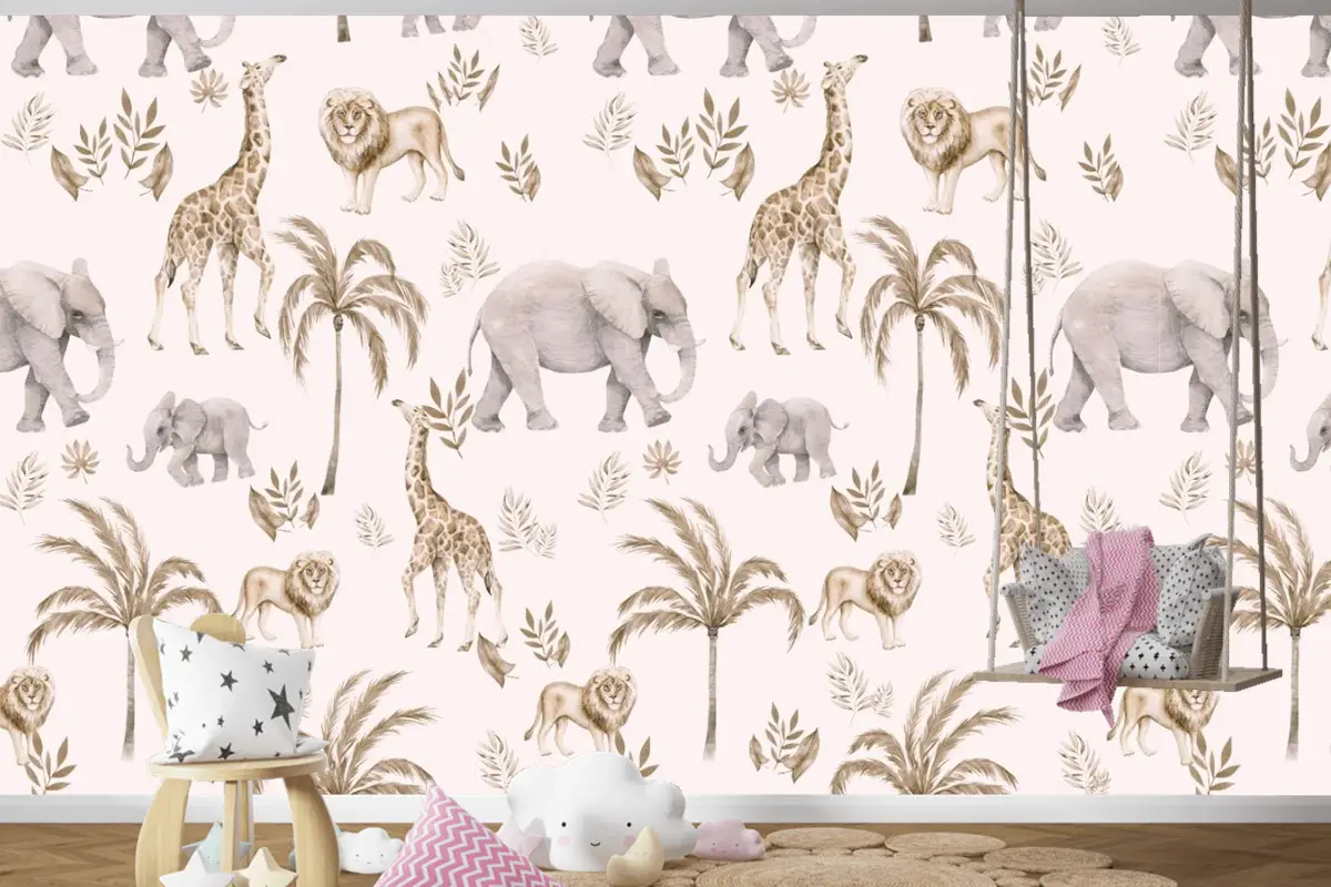 Çocuk Odası Bulutlu Çocuk Odası Duvar Kağıdı Palmiye Ağaçları Ve Safari Hayvanları