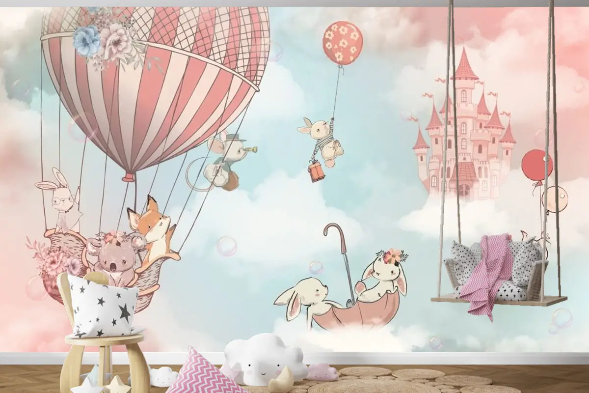 Bulutlu Çocuk Odası Duvar Kağıdı Gökyüzündeki Sevimli Hayvanlar