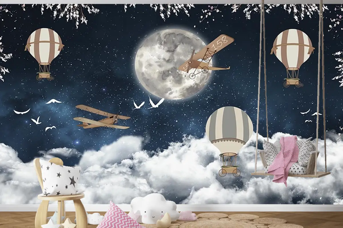 Çocuk Odası Duvar Kağıdı Ay Üzerinde Balonlar Ve Uçaklar