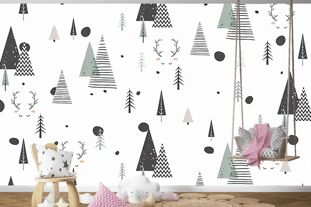Çam Ağaçları Beyaz Arka Plan Çocuk Bebek Odası Duvar Kağıdı