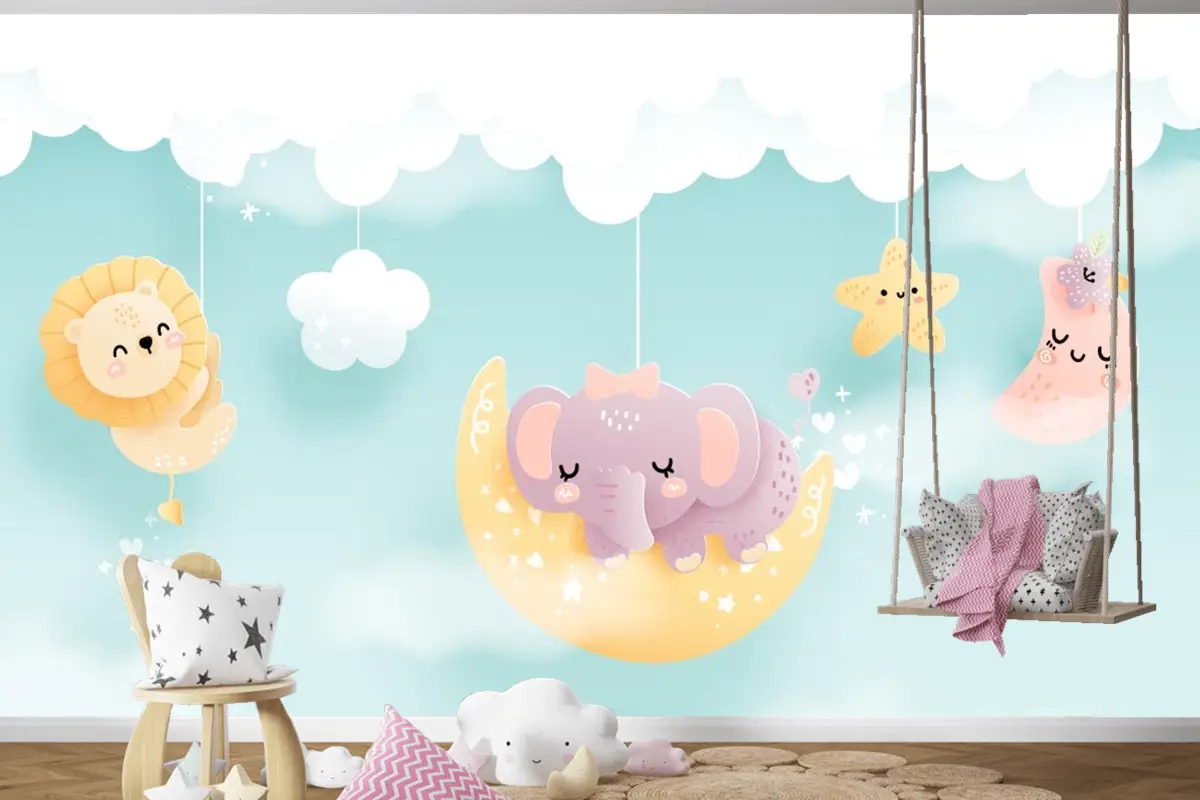 Çocuk Odası Duvar Kağıdı Bulut Üzerinde Sevimli Hayvanlar