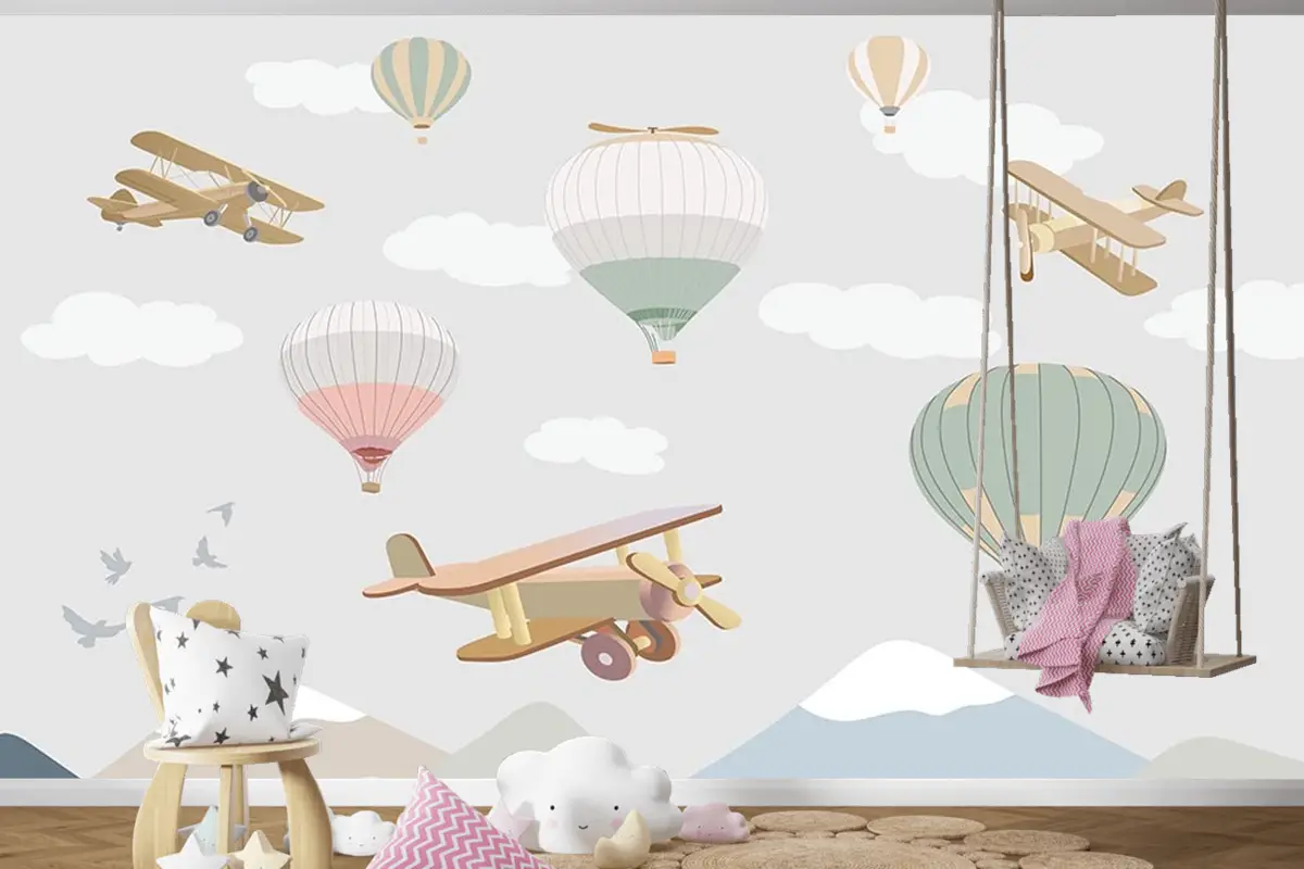 Çocuk Odası Duvar Kağıdı Bulutlar Üzerinde Uçaklar Ve Uçan Balonlar