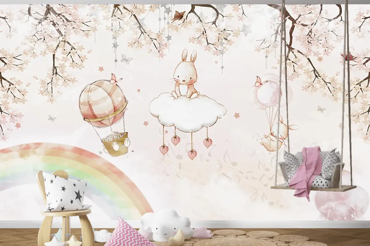Çocuk Odası Duvar Kağıdı Gökyüzünde Sevimli Tavşanlar
