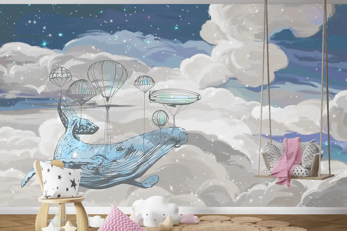 Çocuk Odası Duvar Kağıdı Gökyüzünde Uçan Balina