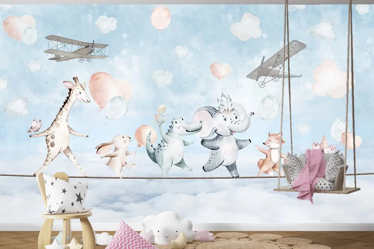 Çocuk Odası Duvar Kağıdı Ip Üzerinde Hayvanlar