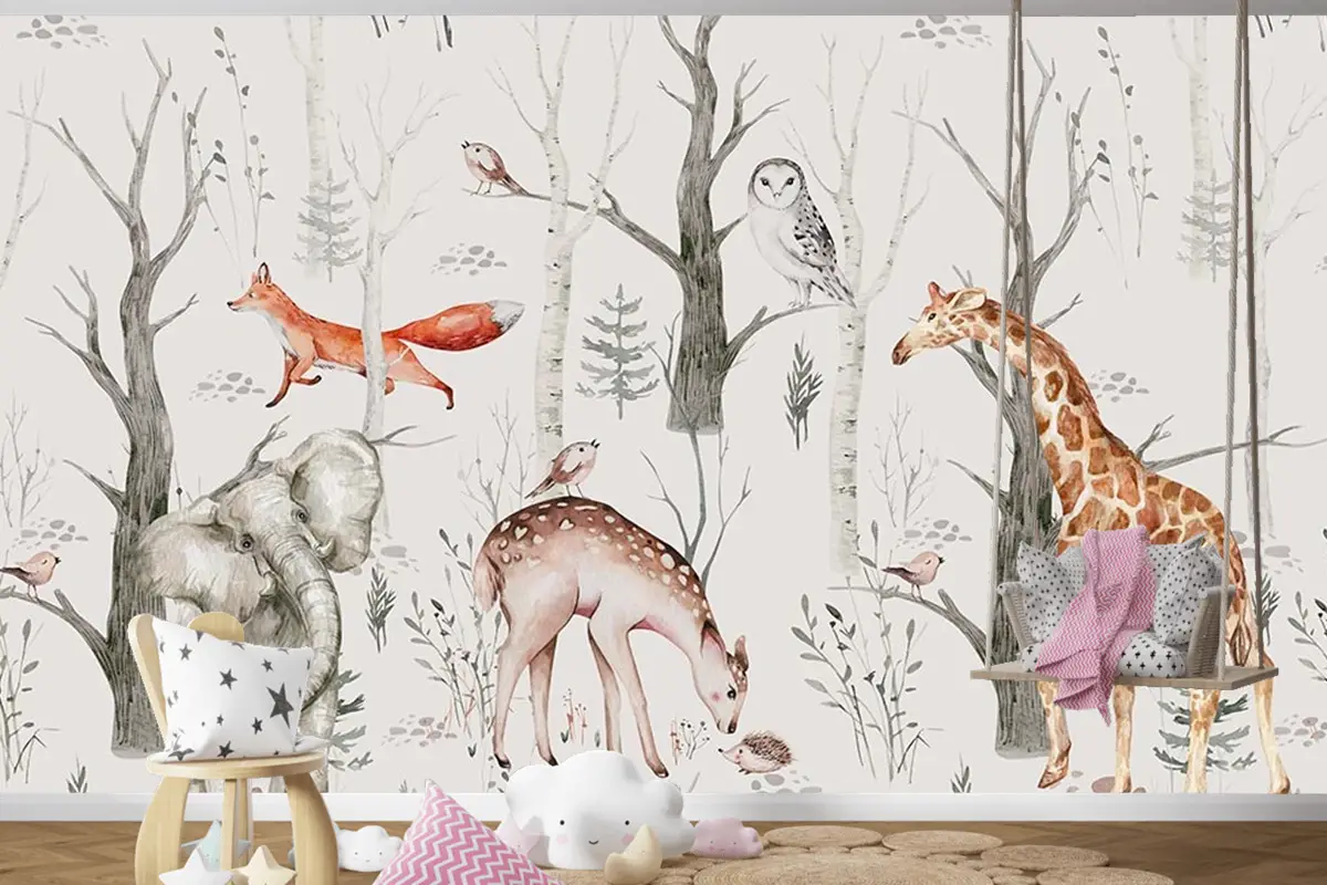 Çocuk Odası Duvar Kağıdı Ormanda Fil Zürafa