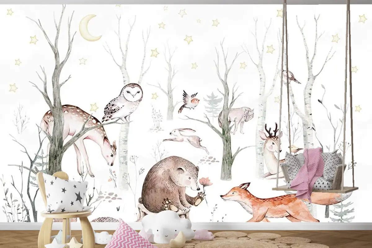 Çocuk Odası Duvar Kağıdı Ormandaki Sevimli Hayvanlar