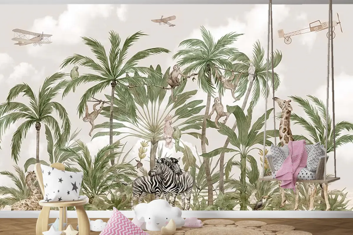 Çocuk Odası Duvar Kağıdı Safari Hayvanları Ve Tropikal Ağaçlar