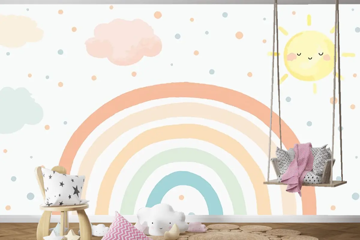 Çocuk Odası Duvar Kağıdı Soft Renk Gökkuşağı Duvar Kağıdı