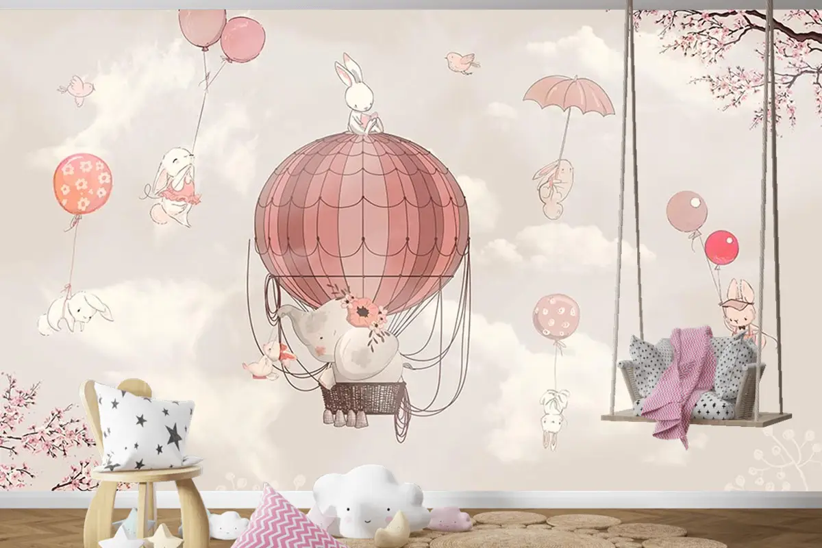 Çocuk Odası Duvar Kağıdı Uçan Balonlar Ve Sevimli Tavşanlar
