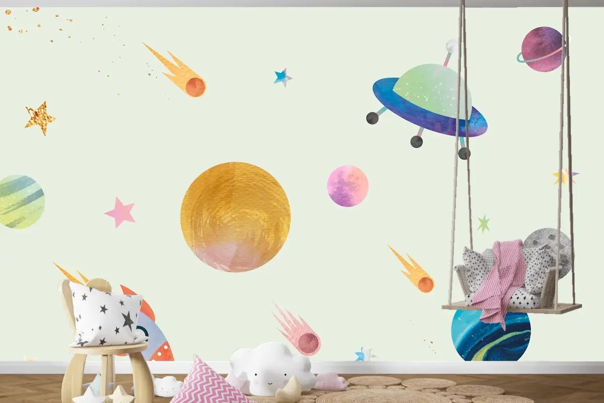 Sevimli Suluboya Tarzında Renkli Galaksi Desenli Arka Plan Çocuk Odası Duvar Kağıdı