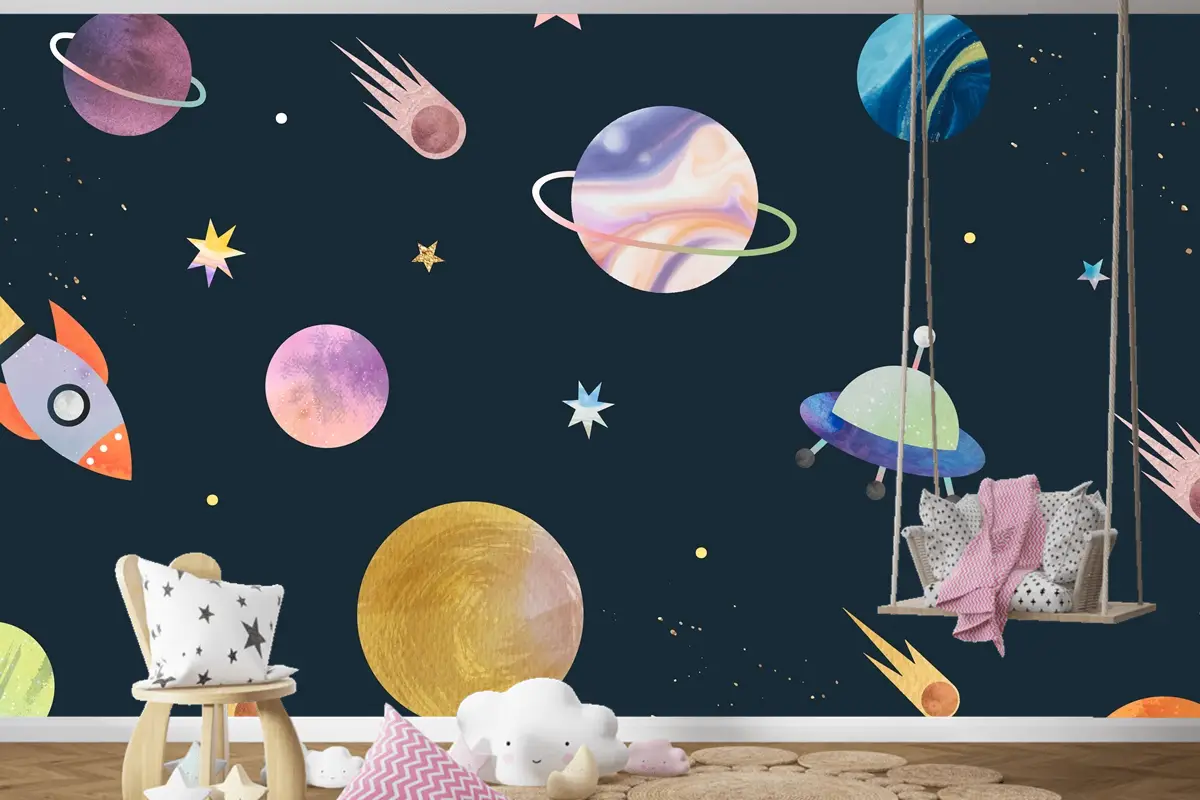 Siyah Çocuk Odası Duvar Kağıdı Duvar Üzerine Renkli Galaksi Suluboya Doodle