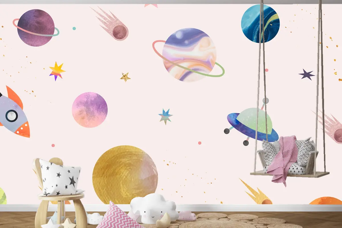 Pastel Arkaplanda Renkli Galaksi Suluboya Doodle Çocuk Odası Duvar Kağıdı