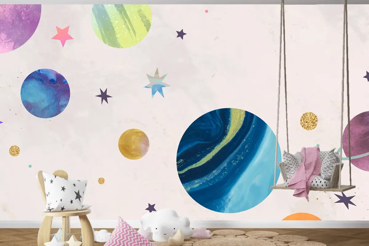 Pastel Çocuk Odası Duvar Kağıdı Duvar Üzerine Renkli Galaksi Suluboya Doodle