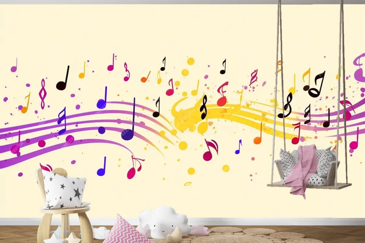 Renkli Müzik Notaları Sarı Arka Plan Çocuk Odası Duvar Kağıdı