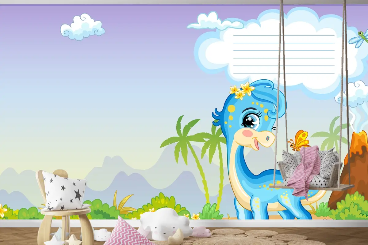 Sevimli Dinozor Mavi Diplodocus Çocuk Odası Duvar Kağıdı Ile Defter Kapağı