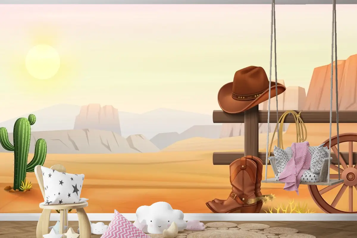 Çitin Üzerinde Kovboy Çizmeleri Ve Şapka Çocuk Odası Duvar Kağıdı