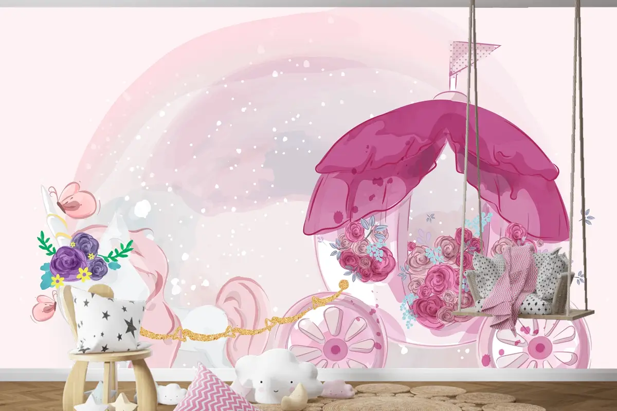 Tatlı Suluboya Tarzında Elle Çizilmiş Sevimli Bebek Tek Boynuzlu Çocuk Odası Duvar Kağıdı