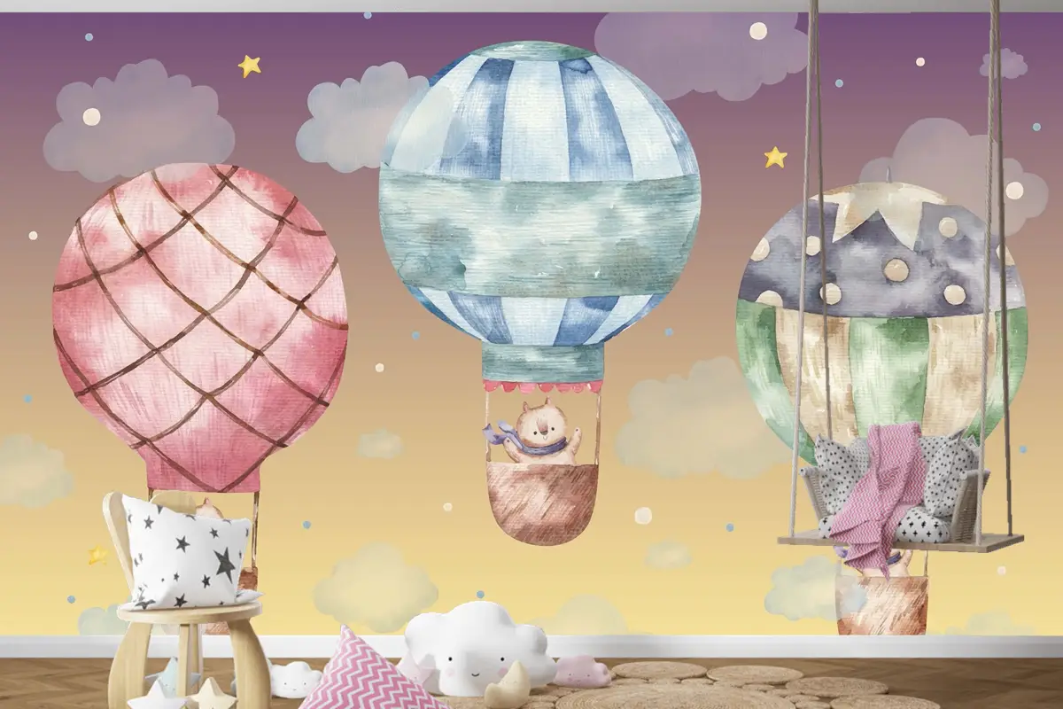 Renkli Balonların Üzerinde Uçan Sevimli Kahverengi Kedi Çocuk Odası Duvar Kağıdı