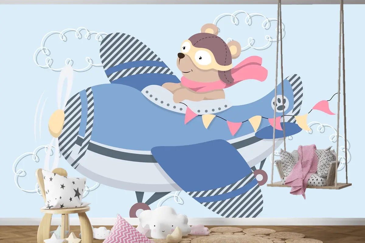 Aviator Gözlüklü Sevimli Karikatür Ayıcık Vintage Uçakta Uçan Deri Kask Ve Eşarp Çocuk Odası Duvar Kağıdı