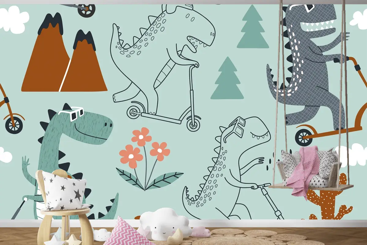 Sevimli Dinozor Scootera Biniyor Çocuk Odası Duvar Kağıdı