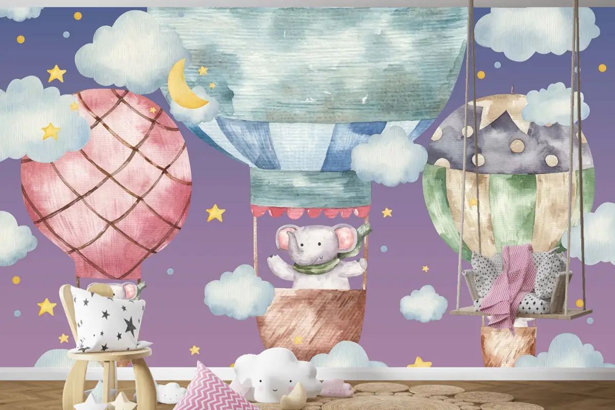 Sevimli Fil Renkli Balonların Üzerinde Uçar Çocuk Odası Duvar Kağıdı