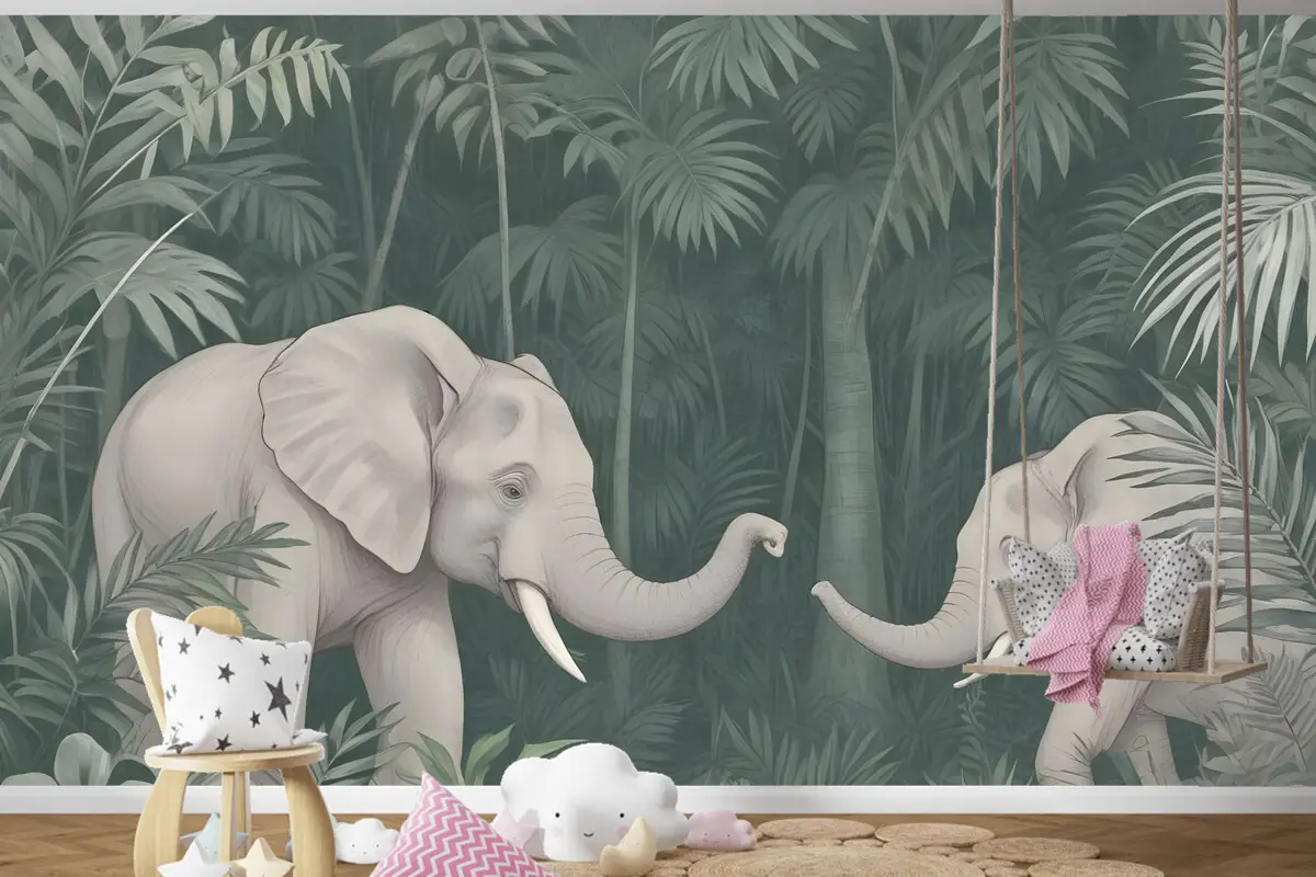 Tropikal Ormandaki Sevimli Filler Çocuk Odası Duvar Kağıdı