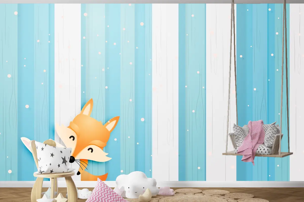 Kağıt Sanat Tarzı Pastel Düzeni Çocuk Odası Duvar Kağıdı Ile Ahşapta Sevimli Tilki Ve Tavşan
