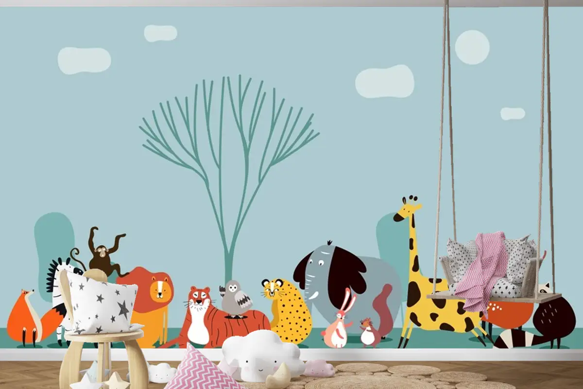 Vahşi Hayvanların Sevimli Grubu Çocuk Odası Duvar Kağıdı