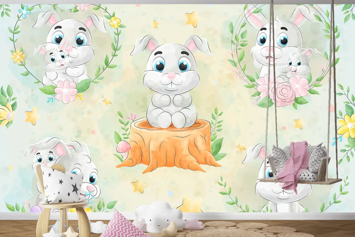 Suluboya Çocuk Odası Duvar Kağıdı  Ile Sevimli Küçük Tavşan