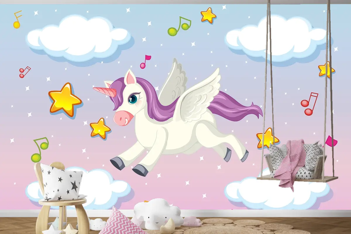 Pastel Gökyüzünde Uçan Mor Yeleli Sevimli Pegasus Çocuk Odası Duvar Kağıdı