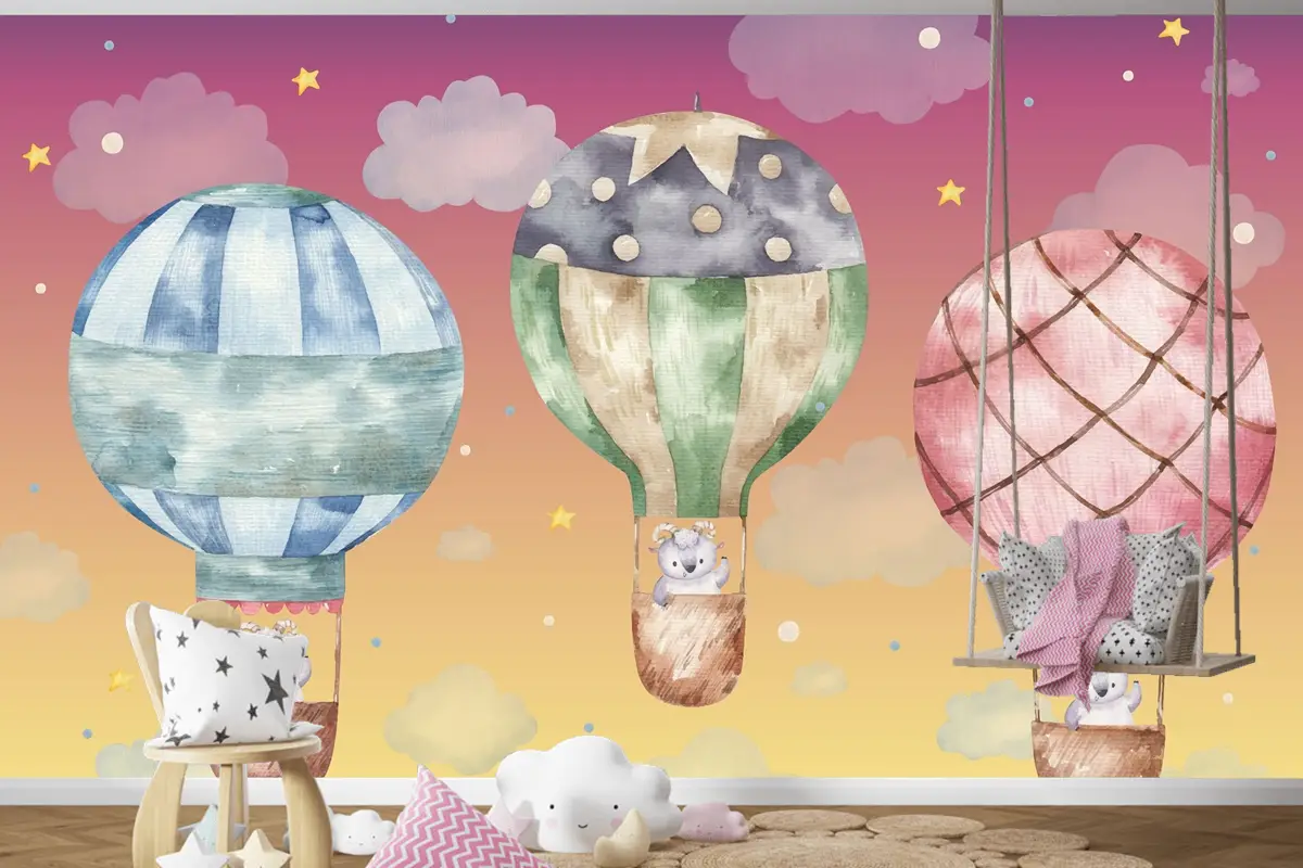 Renkli Balonlar Üzerinde Uçan Sevimli Koç Çocuk Odası Duvar Kağıdı