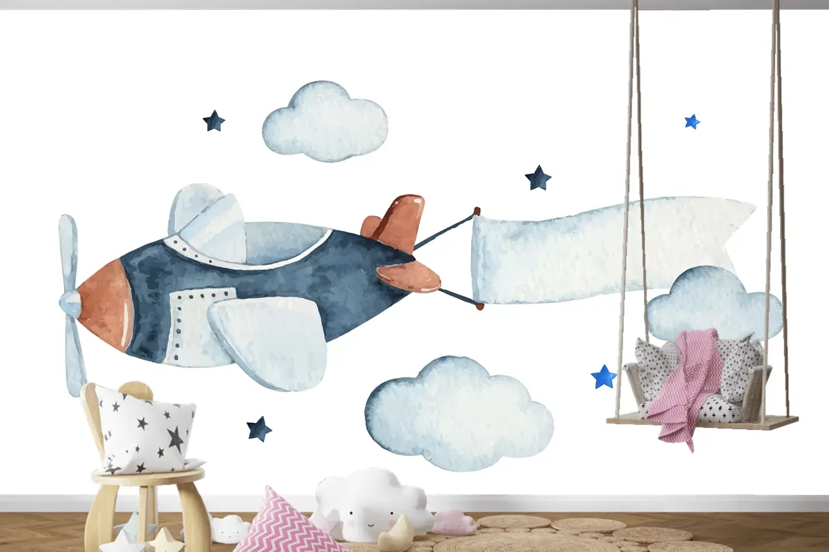 Hava Uçağı Bulutları Ve Yıldızlarla Sevimli Suluboya Gökyüzü Sahnesi Çocuk Odası Duvar Kağıdı