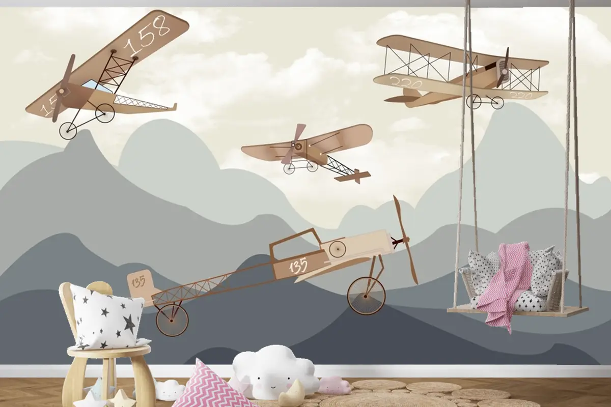 Dağlar Uçaklar Manzara Çocuk Odası Duvar Kağıdı