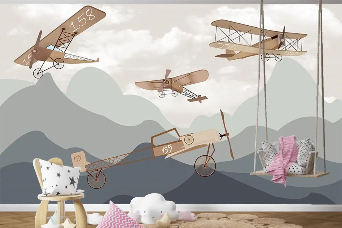 Dağlar Ve Kanatlı Uçaklar Çocuk Odası Duvar Kağıdı