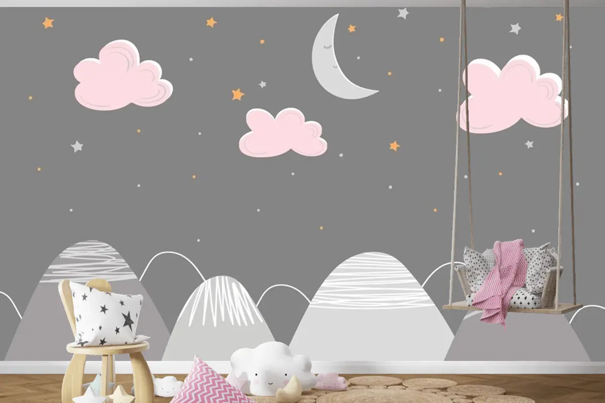 Dağ Manzarası Bulutlar Ve Uyuyan Ay Çocuk Odası Duvar Kağıdı  Ile İskandinav Tarzında Dekor