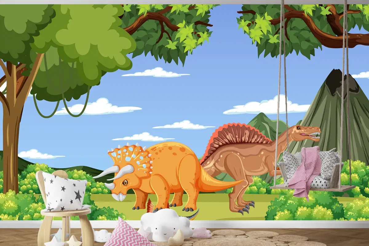 Tarih Öncesi Orman Sahnesinde Dinozor Çocuk Odası Duvar Kağıdı 
