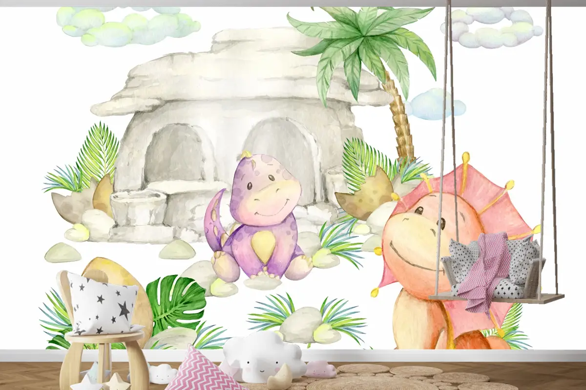 Dinozorlar Bir Taş Ev Bir Palmiye Ağacı Çocuk Odası Duvar Kağıdı