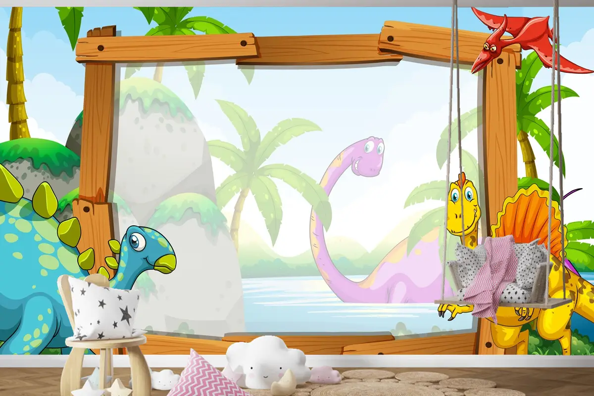 Ahşap Çerçeveli Dinozorlar Çocuk Odası Duvar Kağıdı 