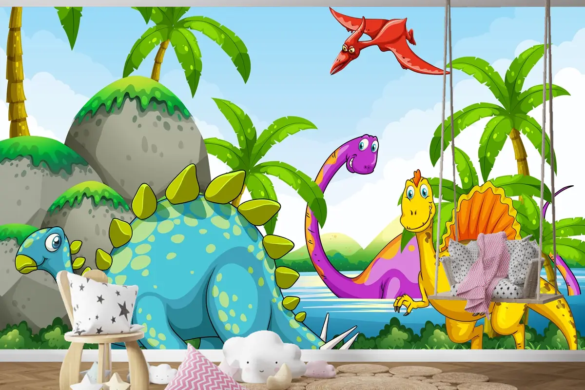 Ormanda Yaşayan Dinozorlar Çocuk Odası Duvar Kağıdı 