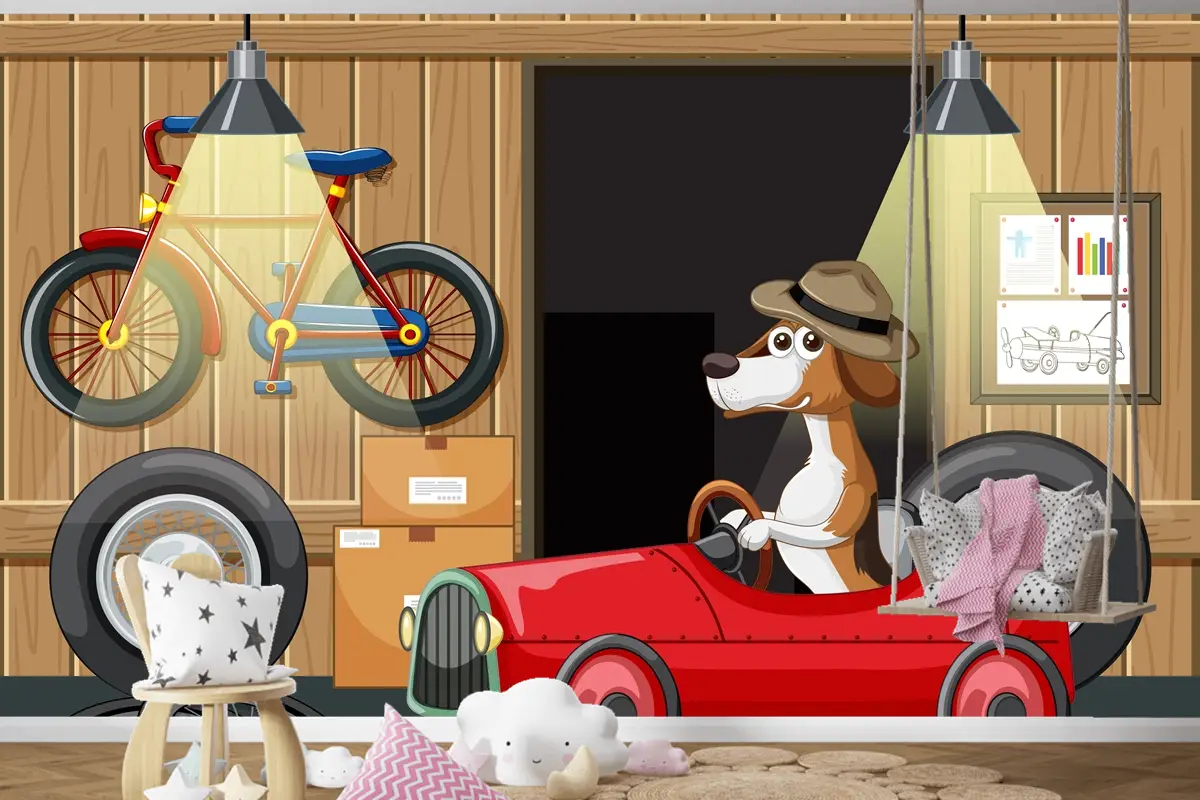 Garajda Arabayı Süren Köpek Çocuk Odası Duvar Kağıdı