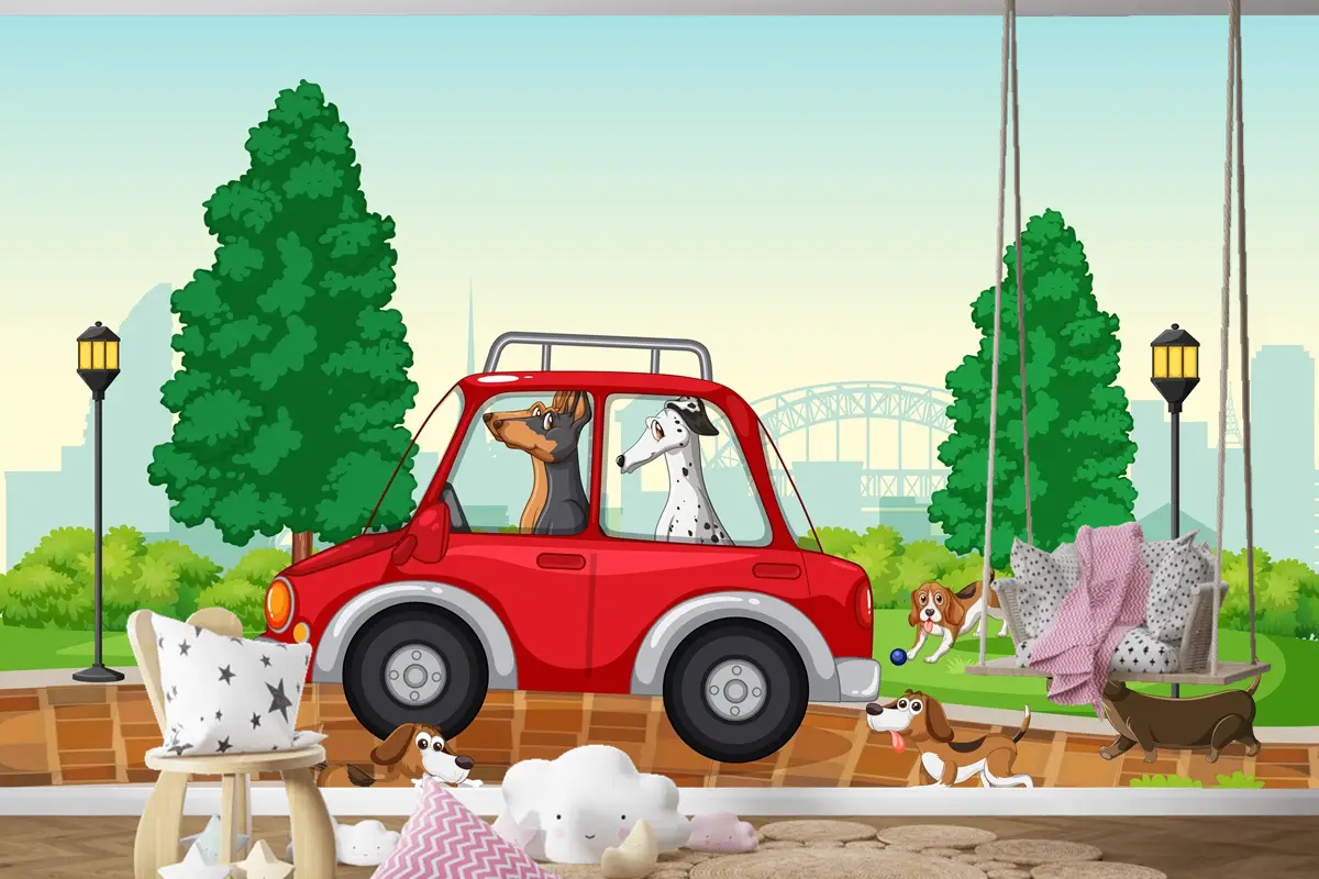 Parkta Araba Süren Ve Koşan Köpekler Çocuk Odası Duvar Kağıdı