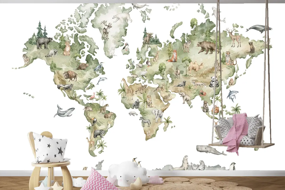 Dünya Haritası ve Dünya Hayvanları Temalı Çocuk Odası Duvar Kağıdı