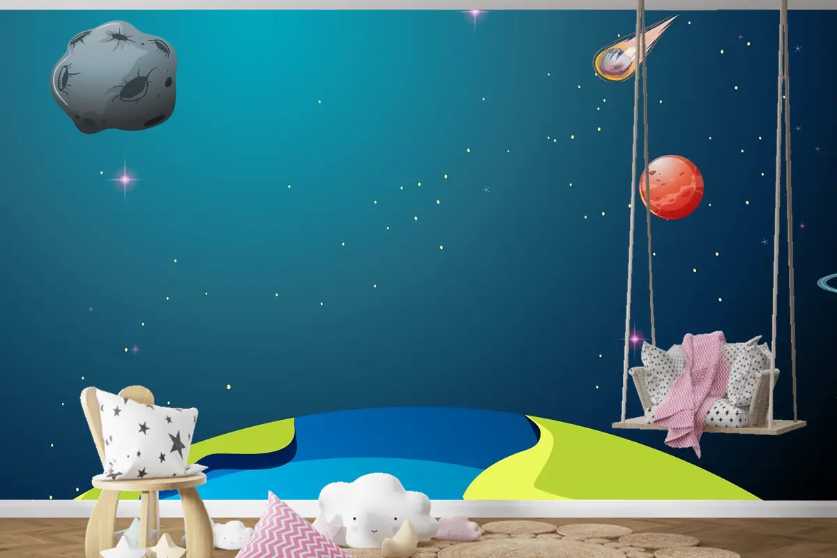 Dünya Ve Gezegenler Sahneleri Çocuk Odası Duvar Kağıdı