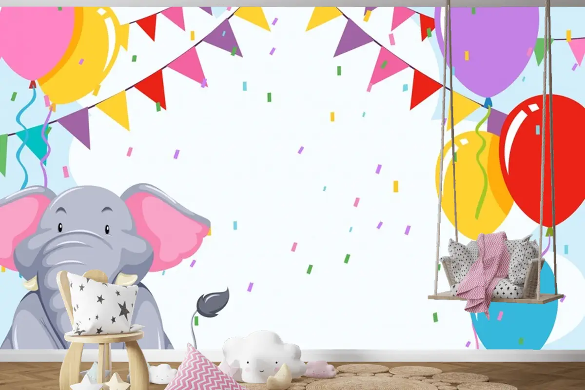 Doğum Günü Şablonunda Fil Çocuk Odası Duvar Kağıdı 