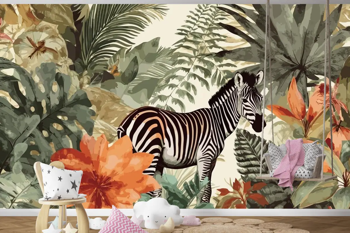 Egzotik Zebra Masalları Sanatsal Vintage Orman Kolaj Desen Sorunsuz Çocuk Odası Duvar Kağıdı