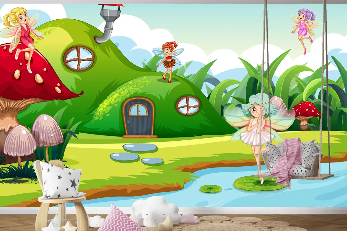 Yeşil Sahnede Fantezi Periler Çocuk Odası Duvar Kağıdı